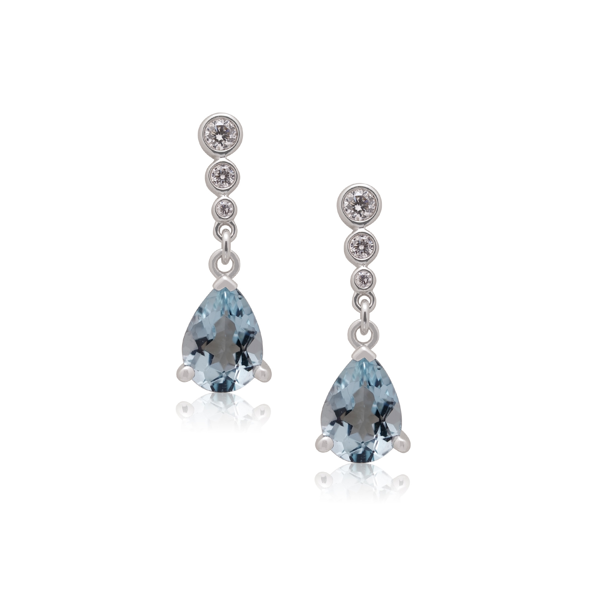 A pair of 18ct white gold aquamarine and diamond set drop earrings, for pierced ears.