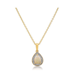 An 18ct yellow gold pear shaped opal and diamond cluster pendant and chain.