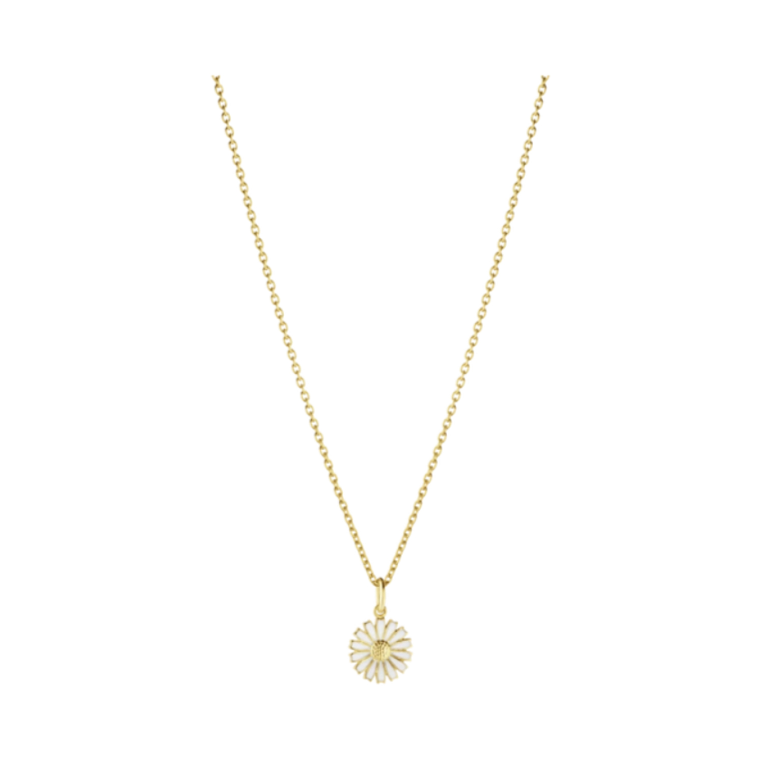An 18ct yellow gold white enamelled flower pendant and chain, from Georg Jensen's Daisy collection.