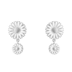 A pair of sterling silver white enamelled earrings featuring two flowers, from Georg Jensen's Daisy collection. For pierced ears.