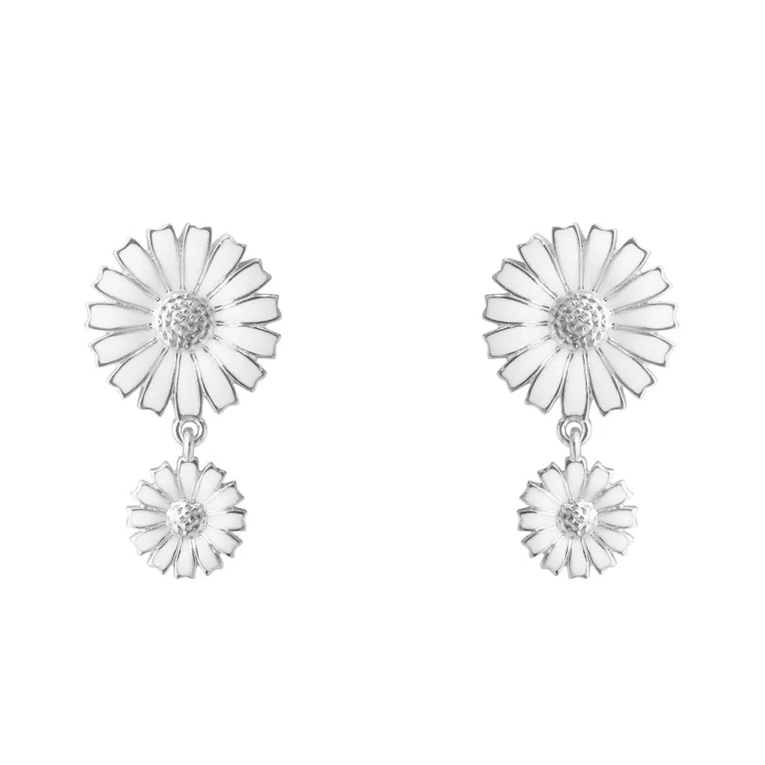 A pair of sterling silver white enamelled earrings featuring two flowers, from Georg Jensen's Daisy collection. For pierced ears.