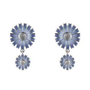 A pair of sterling silver blue enamelled earrings featuring two flowers, from Georg Jensen’s Daisy collection, for pierced ears.