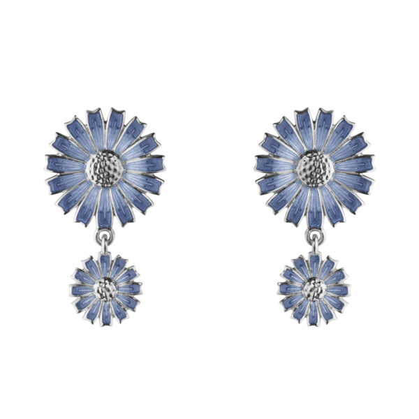 A pair of sterling silver blue enamelled earrings featuring two flowers, from Georg Jensen’s Daisy collection, for pierced ears.
