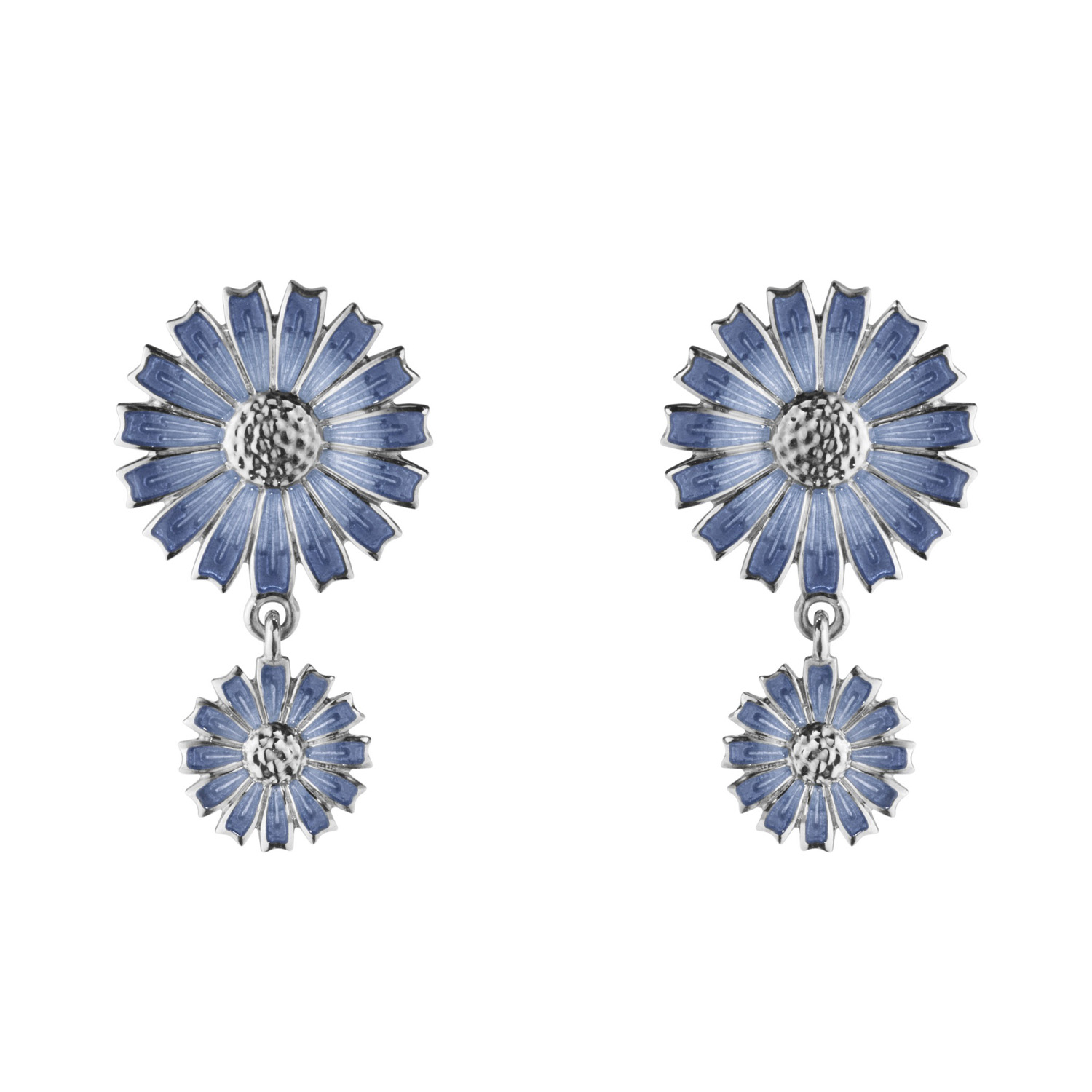 A pair of sterling silver blue enamelled earrings featuring two flowers, from Georg Jensen’s Daisy collection, for pierced ears.