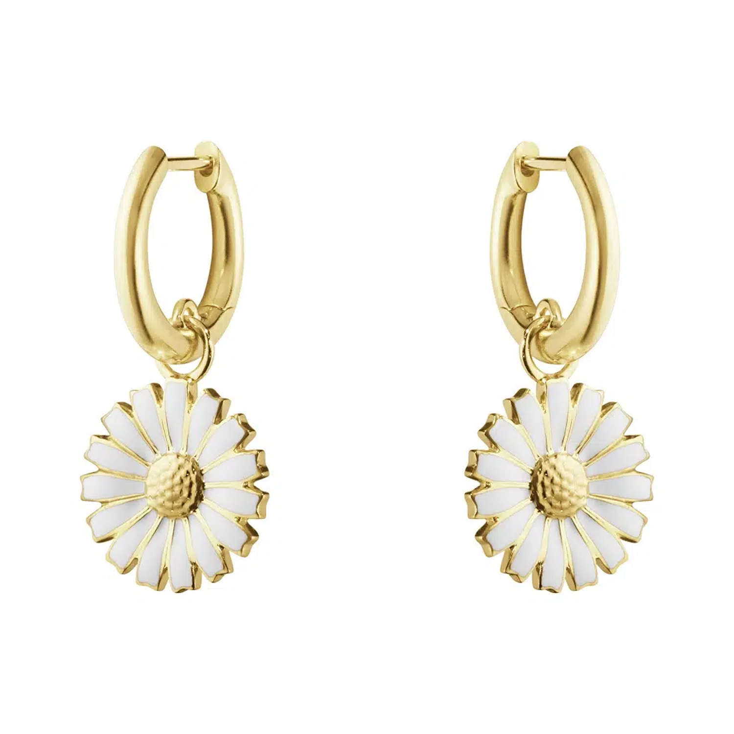 A pair of gold-plated sterling silver white enamelled flower hoop earrings from Georg Jensen’s Daisy collection, for pierced ears.