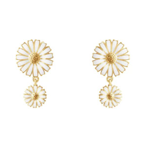 A pair of gold-plated sterling silver white enamelled earrings featuring two flowers, from Georg Jensen’s Daisy collection, for pierced ears.