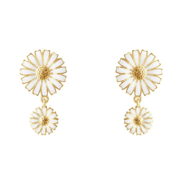 A pair of gold-plated sterling silver white enamelled earrings featuring two flowers, from Georg Jensen’s Daisy collection, for pierced ears.