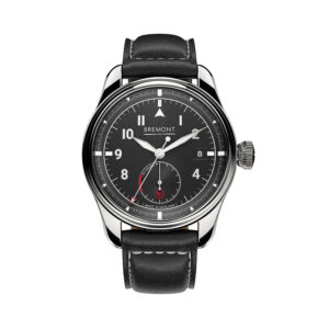 Bremont, Fury with a 40mm stainless steel case and a black leather strap featuring a date function and a black dial.