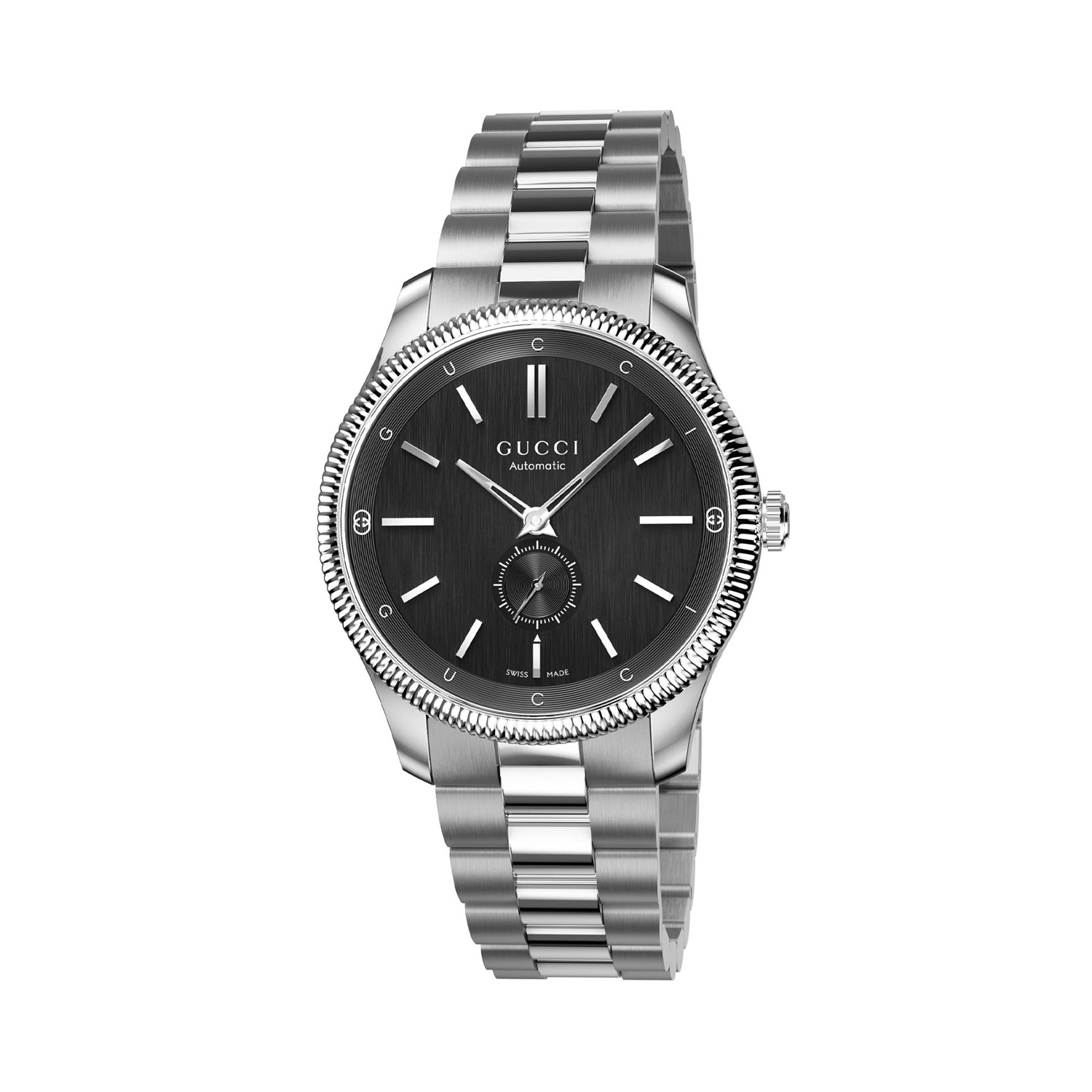 Gucci G-Timeless with a 40mm stainless steel case and bracelet strap featuring a small seconds display and a black dial.