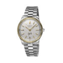 Gucci G-Timeless with a 40mm stainless steel case and bracelet strap featuring a small seconds display and a silver dial with a gold plated bezel.