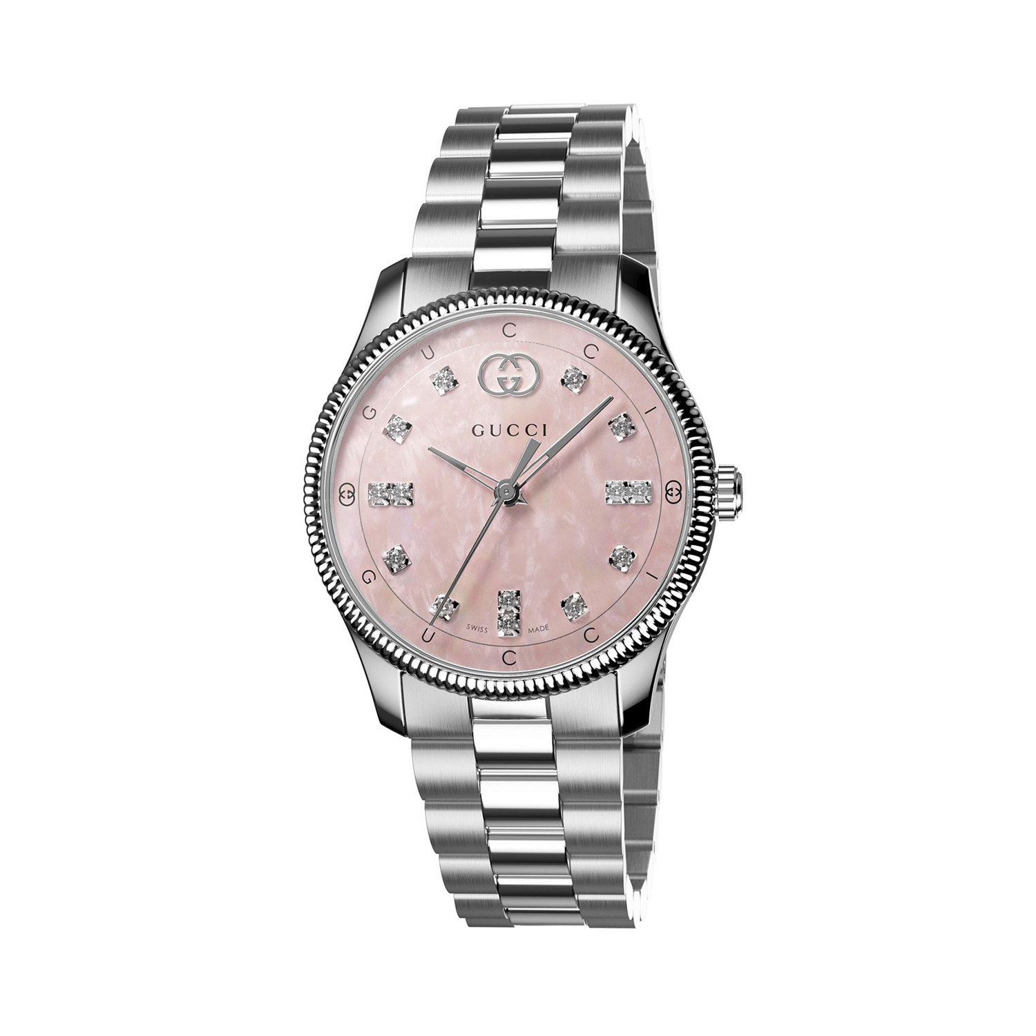 Gucci G-Timeless with a 29mm stainless steel case and bracelet strap featuring a diamond set pink mother of pearl dial.
