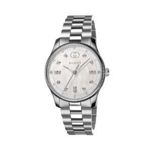 Gucci G-Timeless with a 29mm stainless steel case and bracelet strap featuring a diamond set white mother of pearl dial.