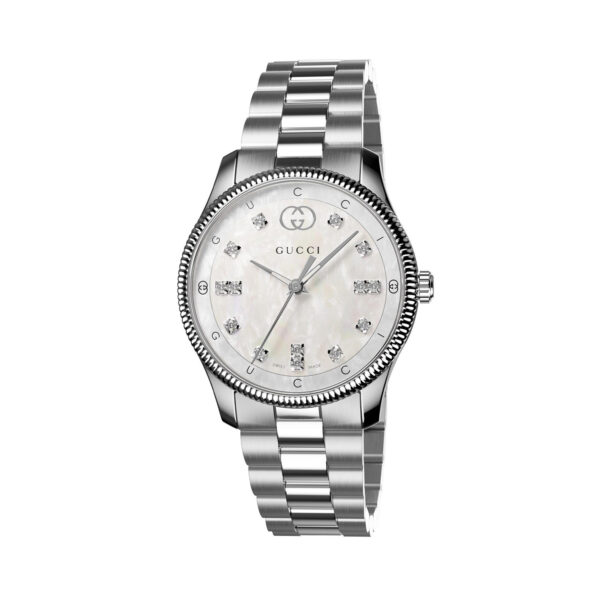 Gucci G-Timeless with a 29mm stainless steel case and bracelet strap featuring a diamond set white mother of pearl dial.