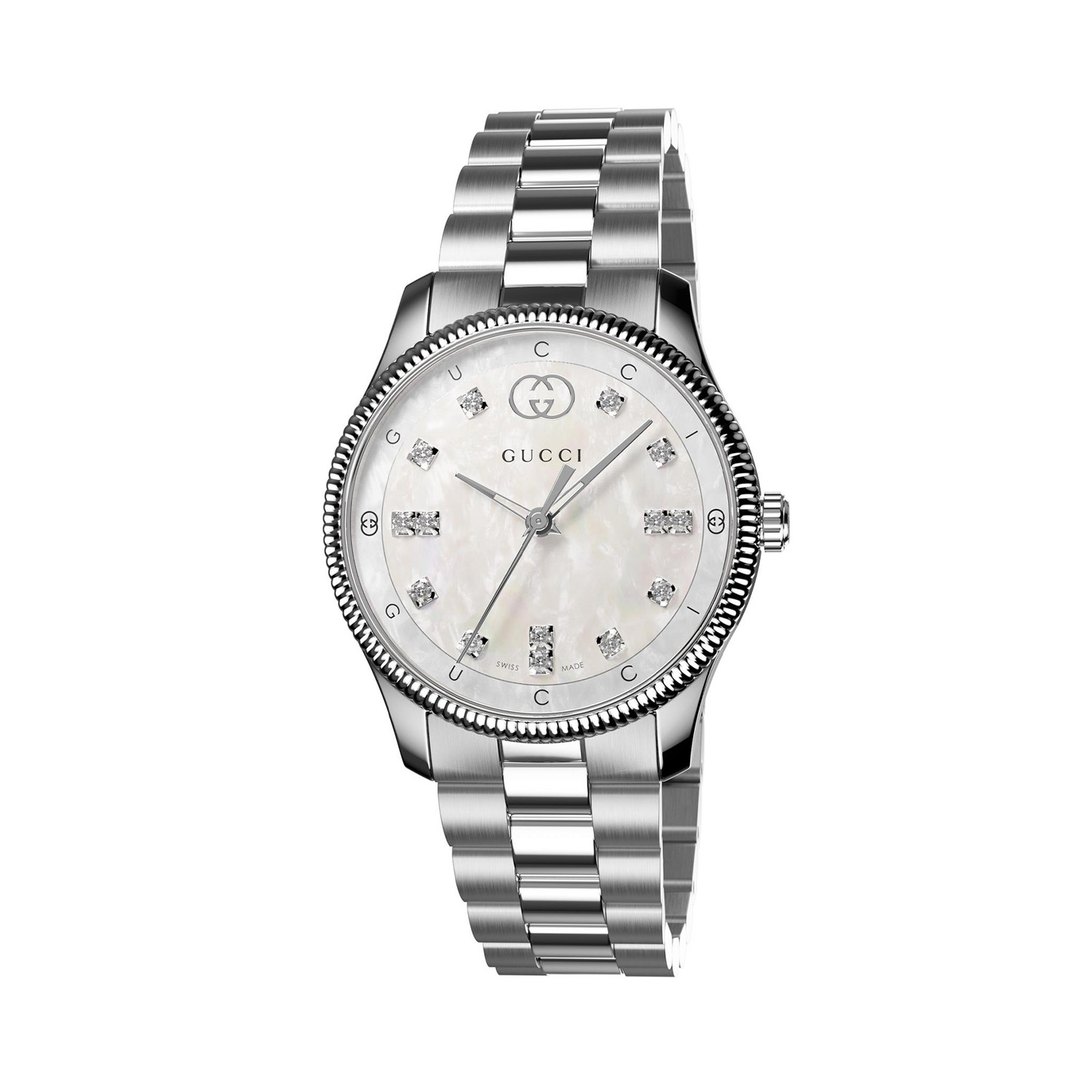 36-05-05101325 Gucci G-Timeless with a 29mm stainless steel case and bracelet strap featuring a diamond set white mother of pearl dial.