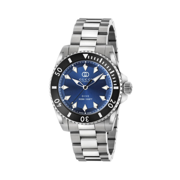 Gucci Dive with a 40mm stainless steel case and bracelet strap featuring a blue dial and a black bezel.