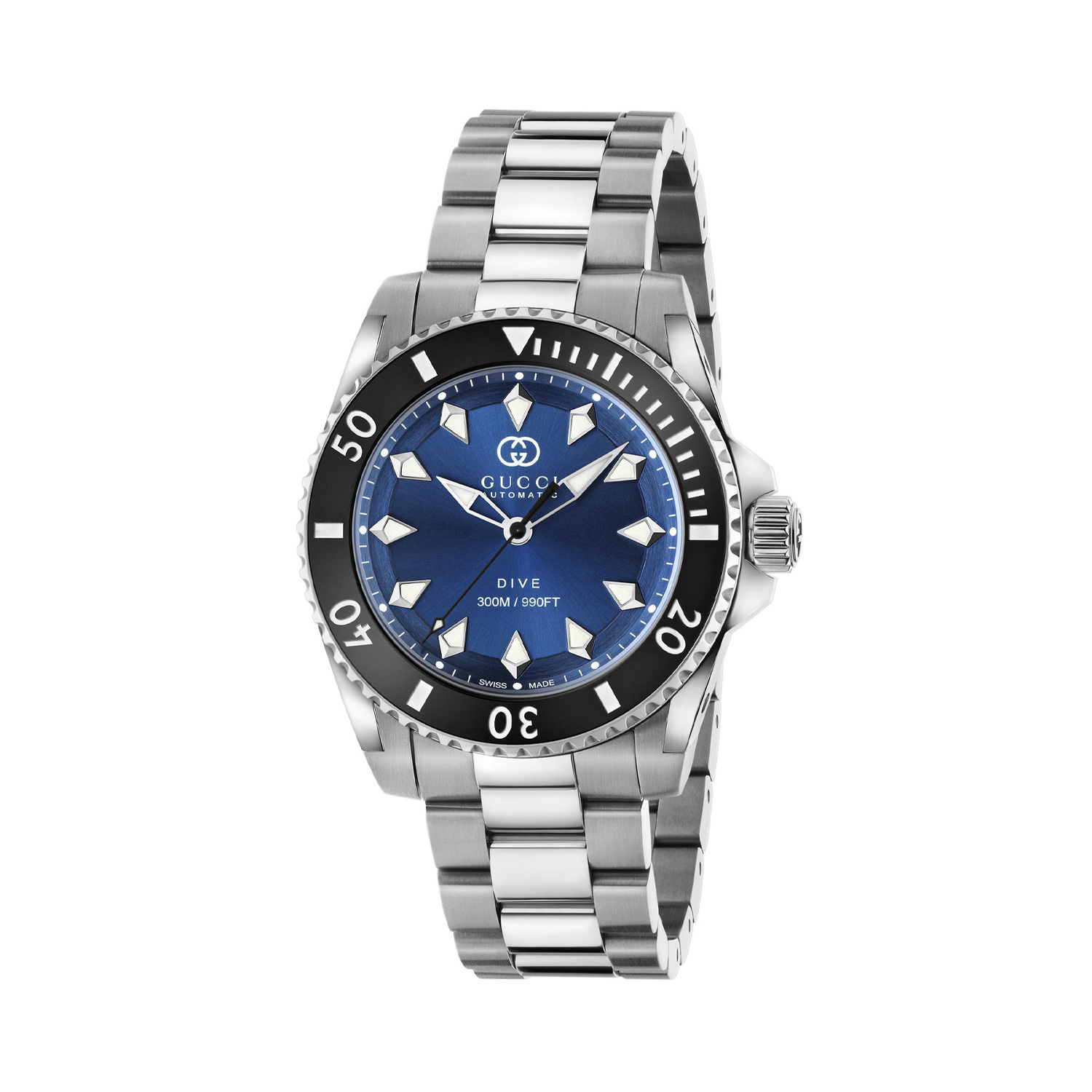 29-05-05101345 Gucci Dive with a 40mm stainless steel case and bracelet strap featuring a blue dial and a black bezel.
