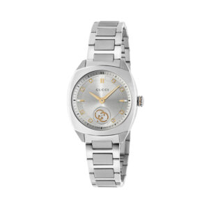 Gucci Interlocking with a 29mm stainless steel case and bracelet strap featuring a small seconds display and a silver dial.