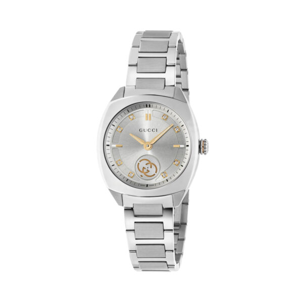 Gucci Interlocking with a 29mm stainless steel case and bracelet strap featuring a small seconds display and a silver dial.