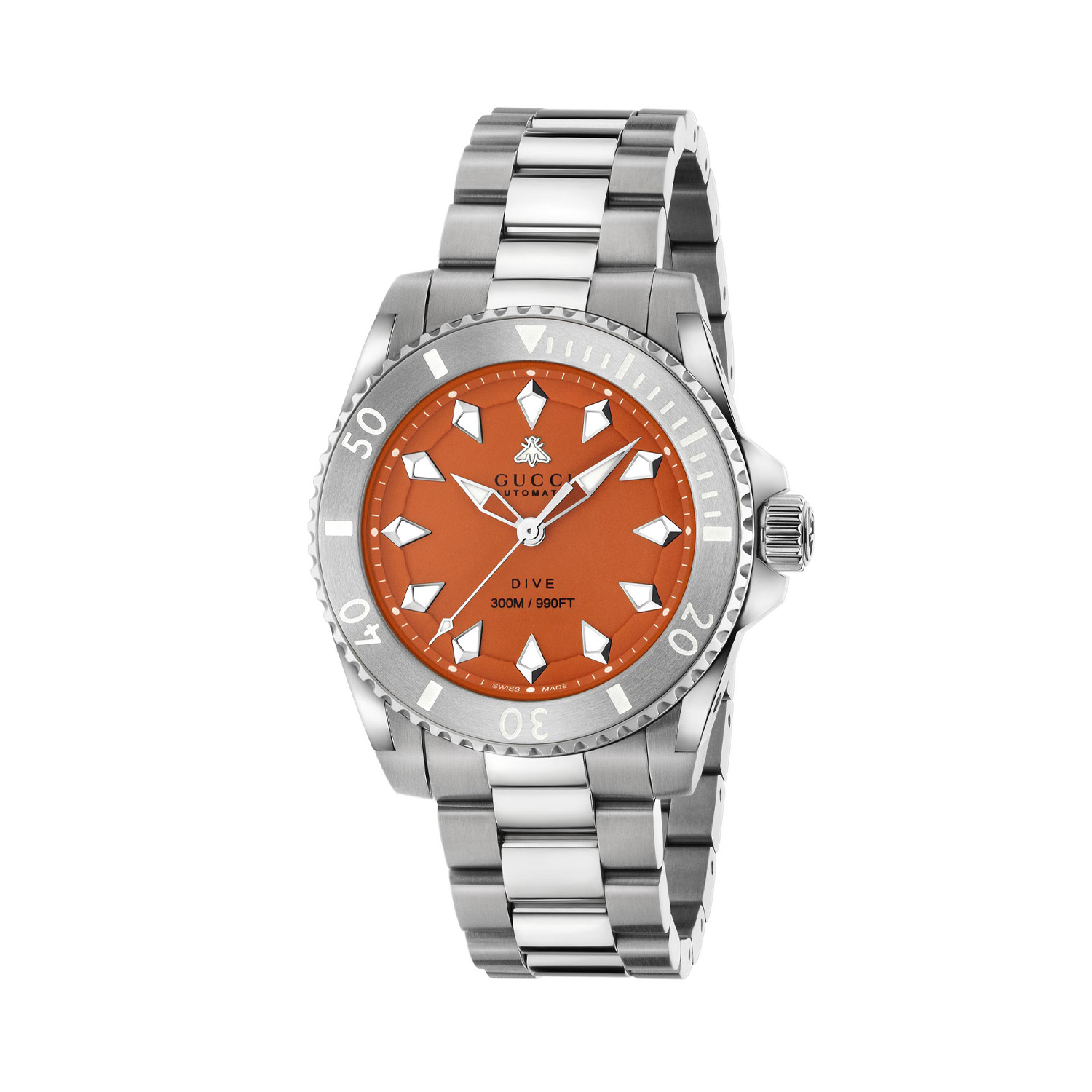 Gucci Dive with a 40mm stainless steel case and bracelet strap featuring an orange dial with a silver bezel.