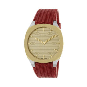 Gucci 25H with a 34mm stainless steel dial and an 18ct yellow gold plated case featuring a brass gold coloured dial and with interlocking G motif and a red leather strap.