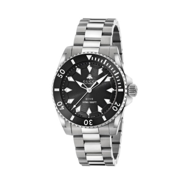 Gucci Dive with a 40mm stainless steel case and bracelet strap featuring a black dial and bezel.