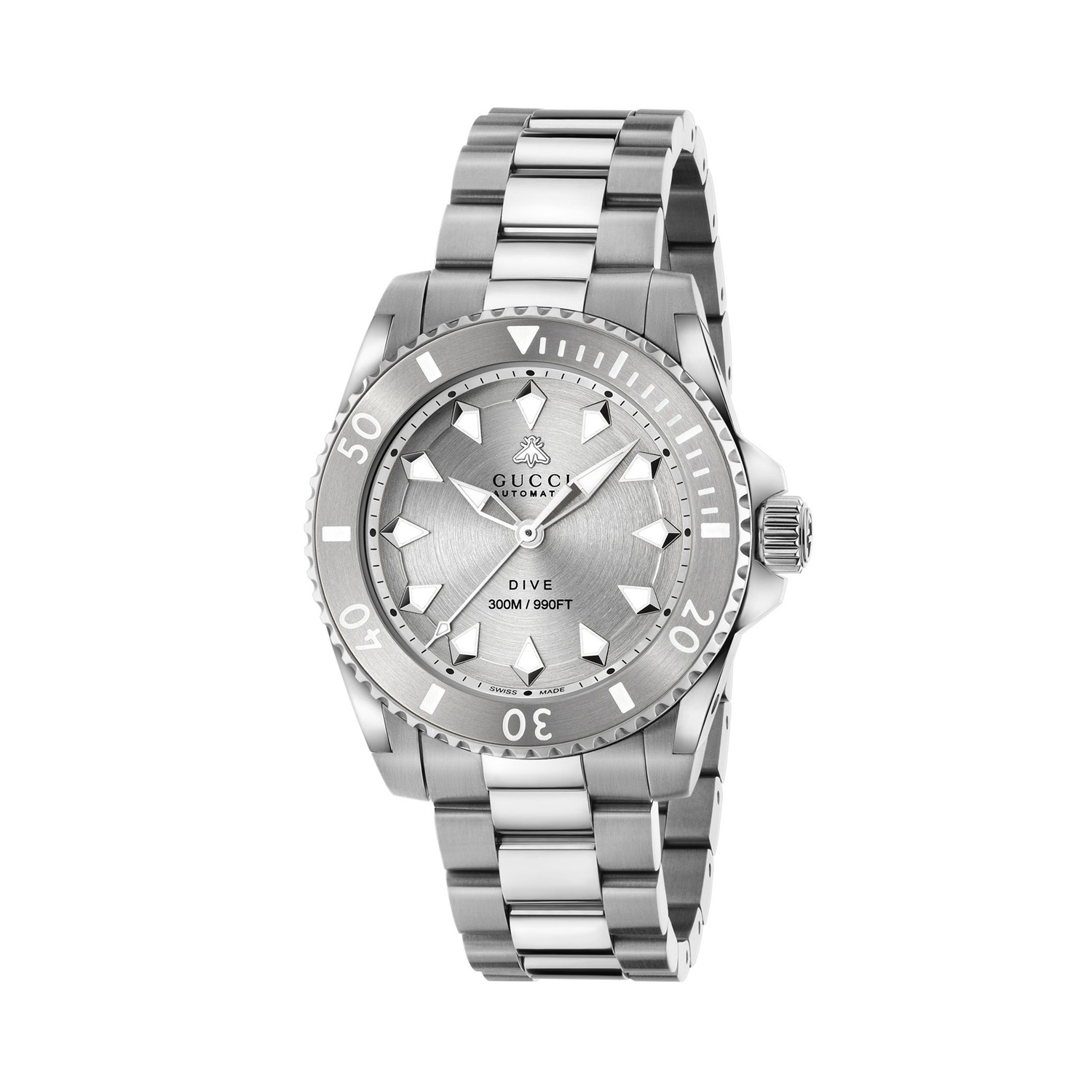 Gucci Dive with a 40mm stainless steel case and bracelet strap featuring a silver dial and bezel.
