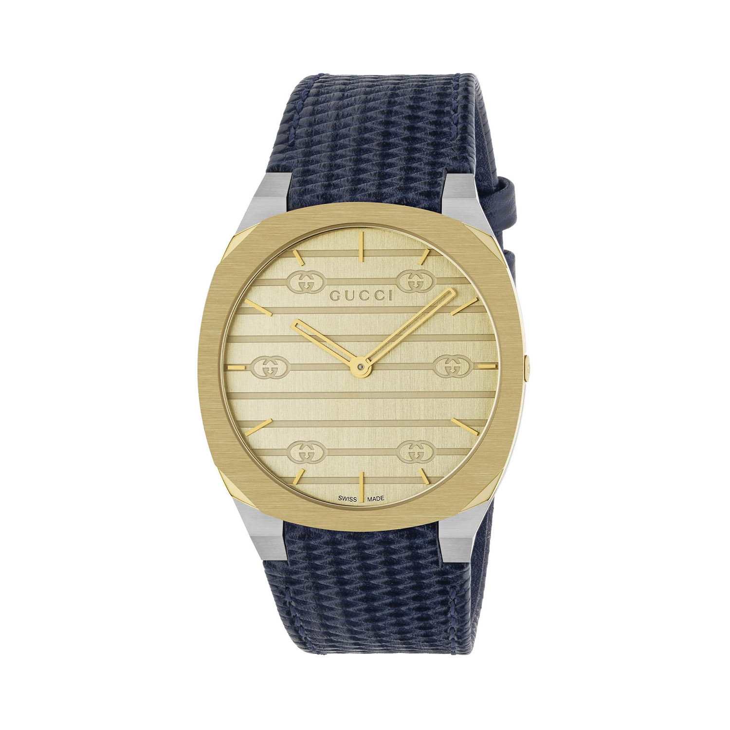 Gucci 25H with a 34mm stainless steel dial and an 18ct yellow gold plated case featuring a brass gold coloured dial and with interlocking G motif and a blue leather strap.