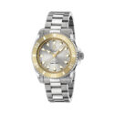 Gucci Dive with a 40mm stainless steel case and bracelet strap featuring a silver dial with a gold coloured bezel.
