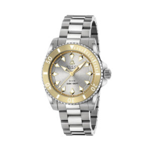 Gucci Dive with a 40mm stainless steel case and bracelet strap featuring a silver dial with a gold coloured bezel.