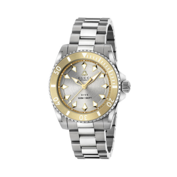 Gucci Dive with a 40mm stainless steel case and bracelet strap featuring a silver dial with a gold coloured bezel.