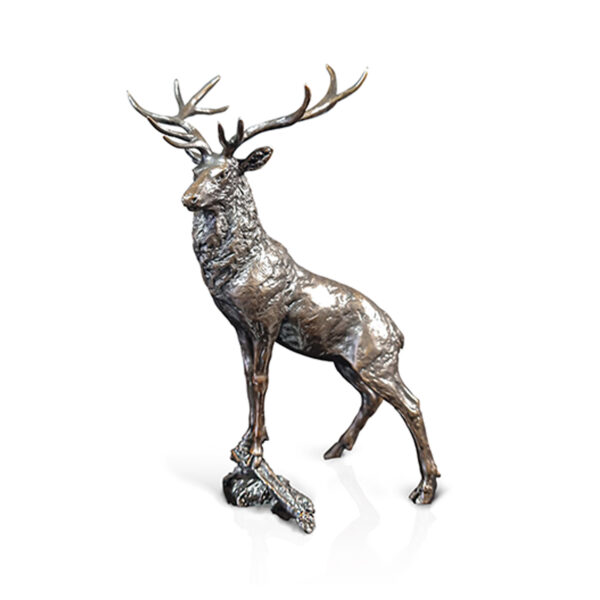 Made from solid foundry bronze, this piece depicts a magificent stag standing proud on a rock with its head held high.