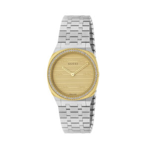Gucci 25H with a 30mm stainless steel and 18ct yellow gold case and steel bracelet strap featuring a golden brass dial and a diamond set bezel.