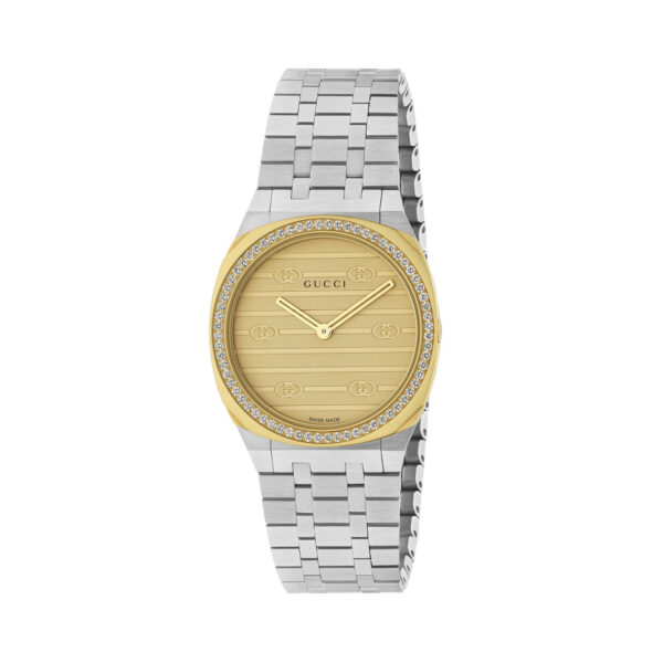 Gucci 25H with a 30mm stainless steel and 18ct yellow gold case and steel bracelet strap featuring a golden brass dial and a diamond set bezel.