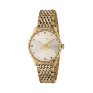 Gucci G-Timeless with a 36mm stainless steel and gold PVD plated case and bracelet strap featuring a bee design and silver dial.