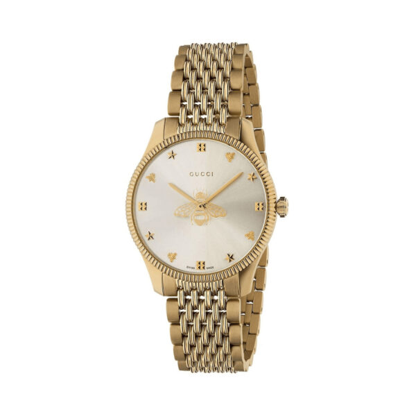 Gucci G-Timeless with a 36mm stainless steel and gold PVD plated case and bracelet strap featuring a bee design and silver dial.