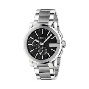 Gucci G-Chrono with a 44mm stainless steel case and bracelet strap featuring a chronograph and a black dial.