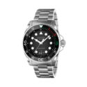 Gucci Dive with a 45mm stainless steel case and bracelet strap featuring a date function and a black dial and bezel.