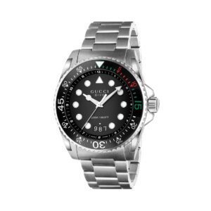Gucci Dive with a 45mm stainless steel case and bracelet strap featuring a date function and a black dial and bezel.