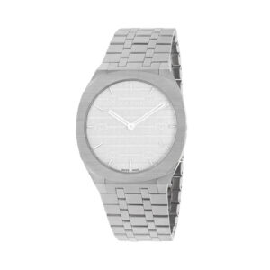 Gucci 25H with a 38mm stainless steel case and bracelet strap featuring a brass silver coloured dial with interlocking G motif.
