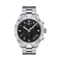 Tissot, PR 100 Sport Gent with a 44mm stainless steel case and bracelet strap featuring a date function, chronograph and a black dial.
