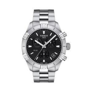 Tissot, PR 100 Sport Gent with a 44mm stainless steel case and bracelet strap featuring a date function, chronograph and a black dial.