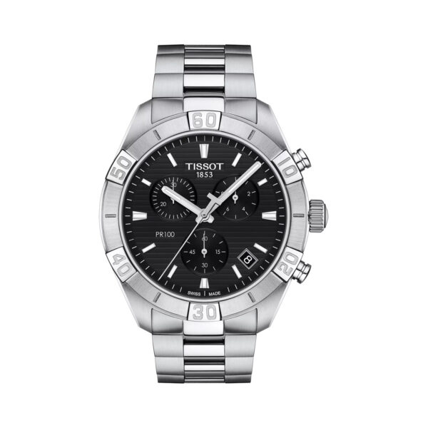 Tissot, PR 100 Sport Gent with a 44mm stainless steel case and bracelet strap featuring a date function, chronograph and a black dial.