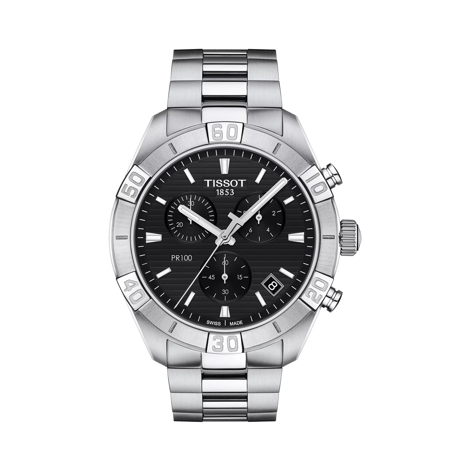 Tissot, PR 100 Sport Gent with a 44mm stainless steel case and bracelet strap featuring a date function, chronograph and a black dial.