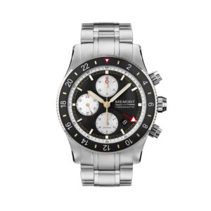 Bremont, Supermarine with a 43mm stainless steel case and bracelet strap featuring a chronograph, date function and black dial and bezel.