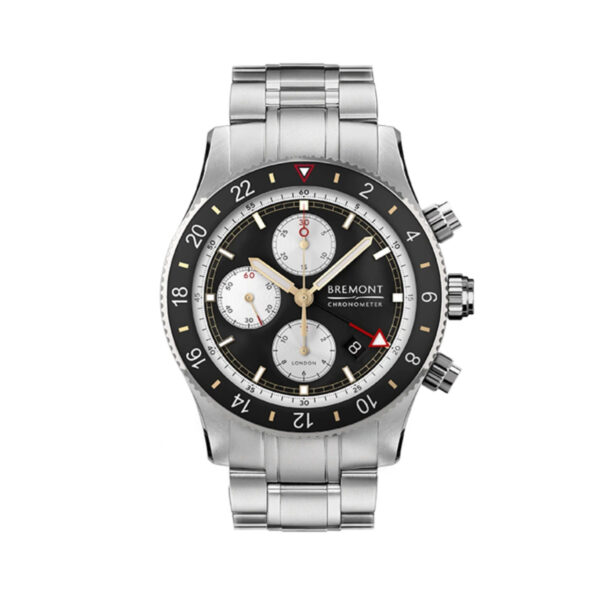 Bremont, Supermarine with a 43mm stainless steel case and bracelet strap featuring a chronograph, date function and black dial and bezel.