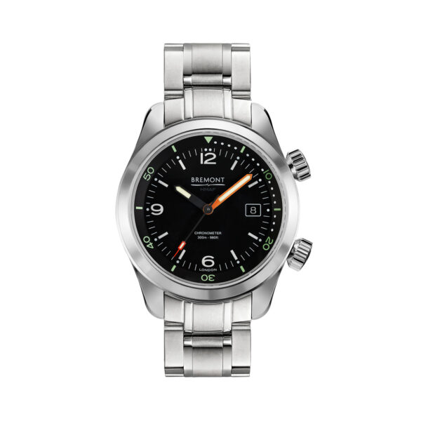 Bremont, Argonaut with a 42mm stainless steel case and bracelet strap featuring a date function and a black dial.