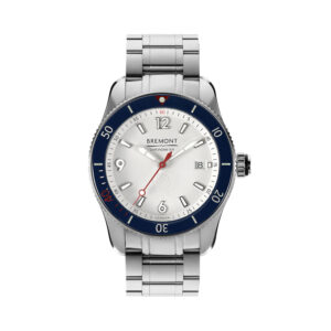 Bremont, S300 RFU with a 40mm stainless steel case and bracelet strap featuring a date function and a white dial with a blue bezel.