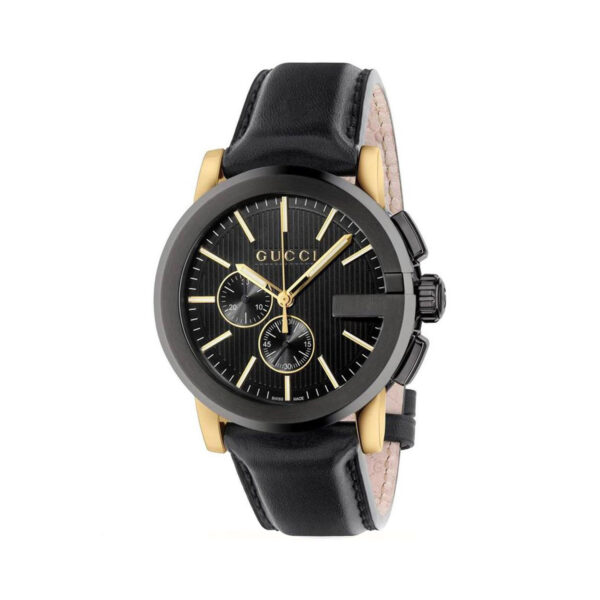 Gucci G-Chrono with a 44mm stainless steel and yellow gold PVD coated case and black leather strap featuring a chronograph and a black dial.