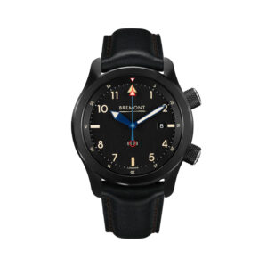 Bremont, U-2 with a 43mm stainless steel case and a black leather strap featuring a date function and a black dial.