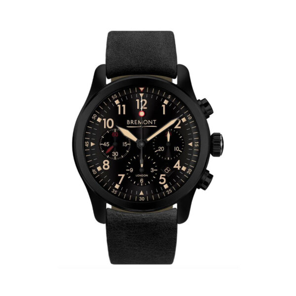 Bremont, ALT1-P2 Jet with a 43mm stainless steel case and black leather strap featuring a chronograph, date function and a black dial.